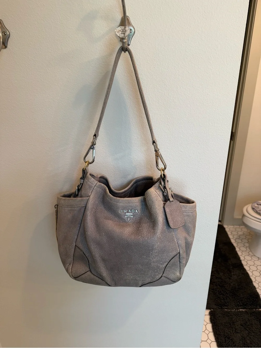 Prada Metallic Gray Cervo Lux Leather Hobo Shoulder Bag with COA